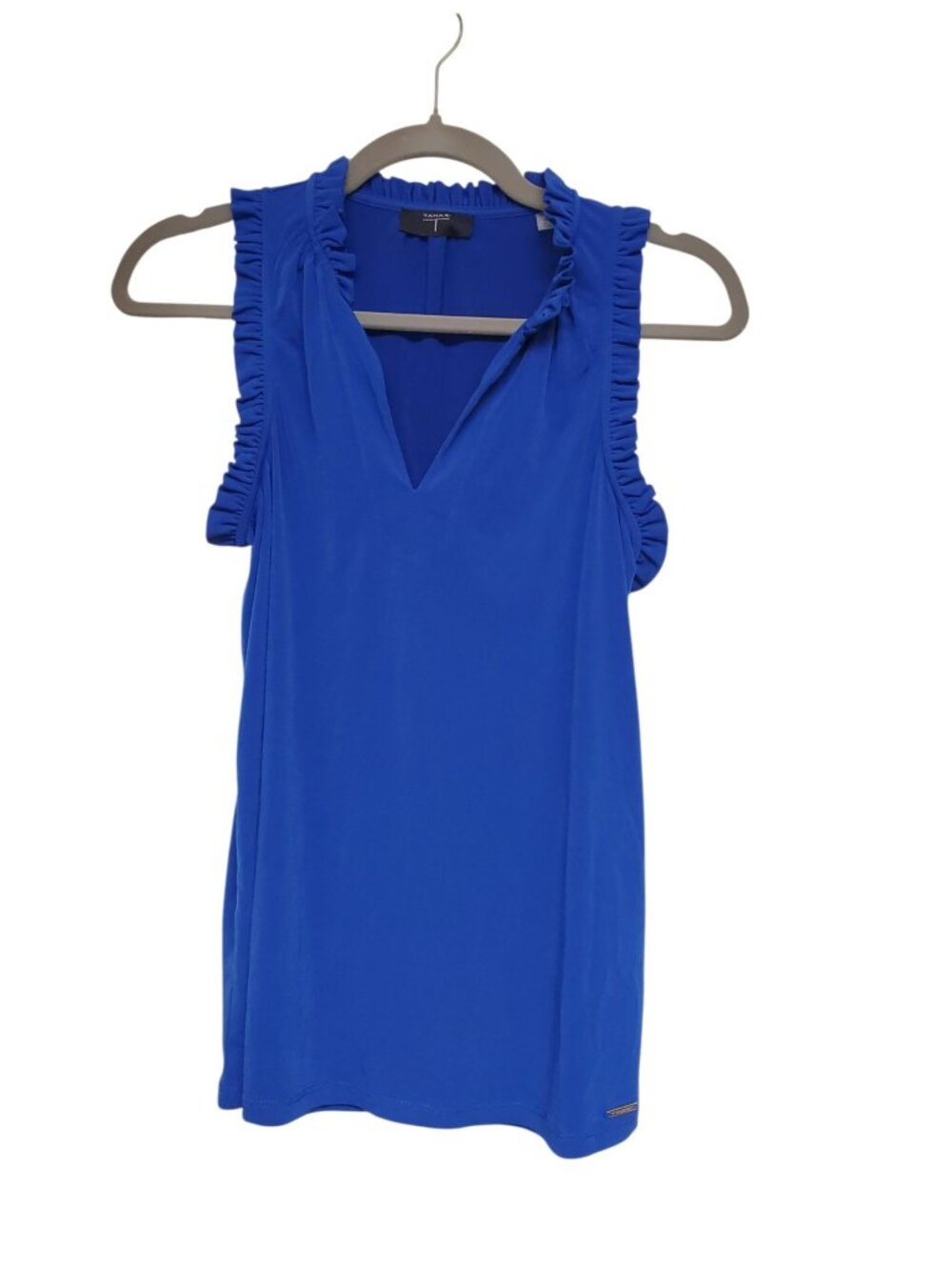Tahari Women's Royal Blue Ruffle Trim V-neck Sleeveless Business Casual Top XS